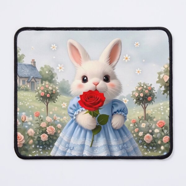 Item preview, Adorable Baby Bunny in Blue Lace Dress with Red Rose - Cute Fairy Tale Rabbit Art designed and sold by lovelistivkaa.