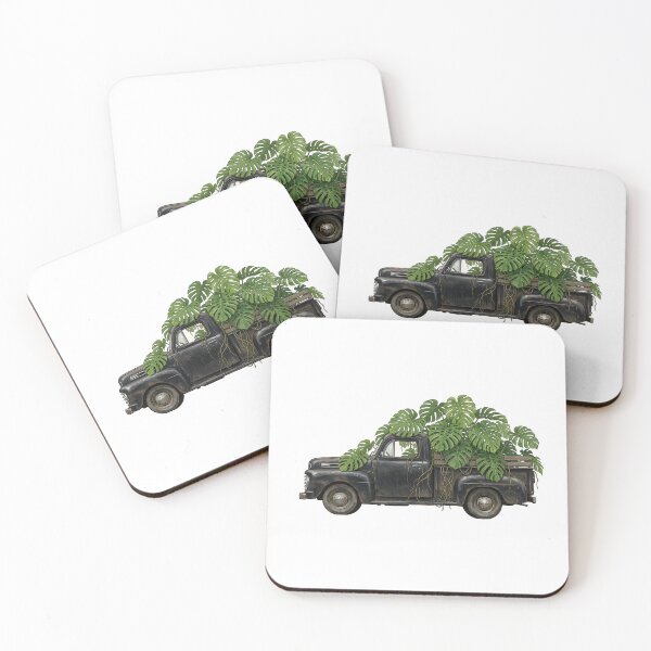 Item preview, Vintage American Farm Pickup with Monstera — Black Art Print designed and sold by WildRelicsArt.