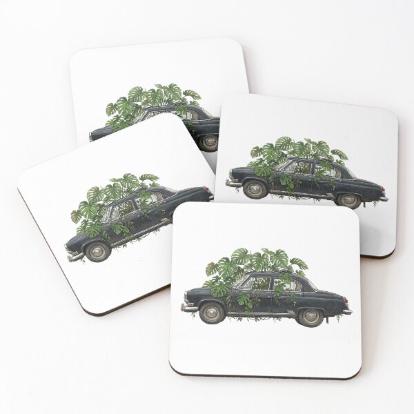 Item preview, Vintage Eastern European Executive Sedan with Monstera — Black Art Print designed and sold by WildRelicsArt.