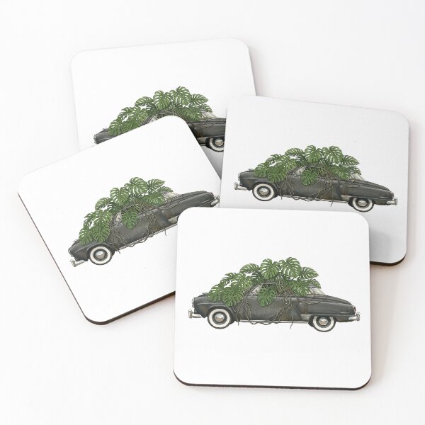 Item preview, Vintage American Two-Door Coupe with Monstera — Black Art Print designed and sold by WildRelicsArt.