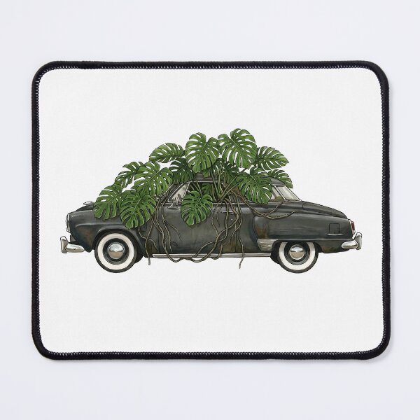Item preview, Vintage American Two-Door Coupe with Monstera — Black Art Print designed and sold by WildRelicsArt.