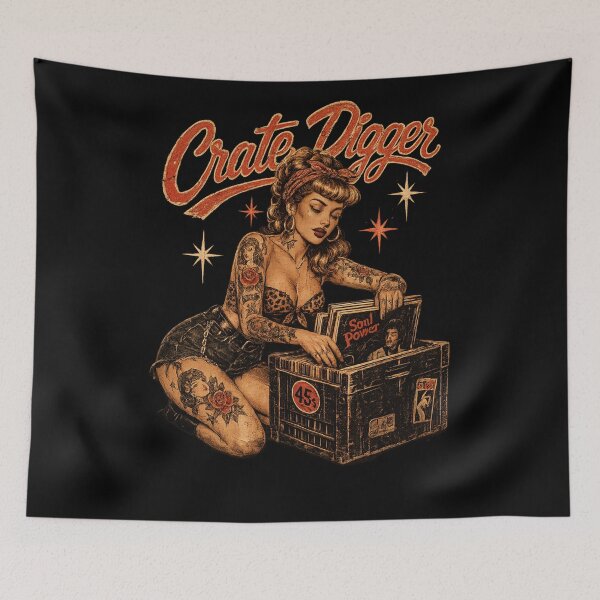 Item preview, Crate Digger Retro Vinyl Pinup T-Shirt designed and sold by ThreadTheory976.