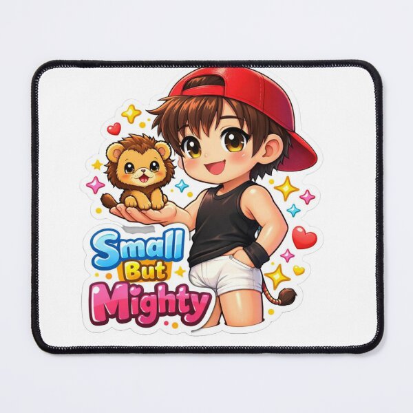 Item preview, Small But Mighty Kawaii Anime Boy Sticker | Cute Chibi Boy with Baby Lion | Funny Quote Sticker designed and sold by Sidra digital art 8277237.