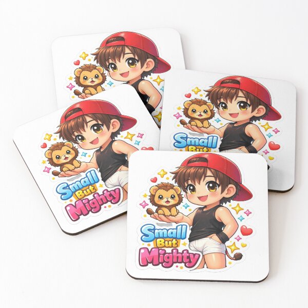 Item preview, Small But Mighty Kawaii Anime Boy Sticker | Cute Chibi Boy with Baby Lion | Funny Quote Sticker designed and sold by Sidra digital art 8277237.