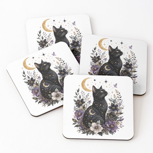 Item preview, Celestial Black Cat with Gold Moon and Purple Floral designed and sold by Jaideep Walia.