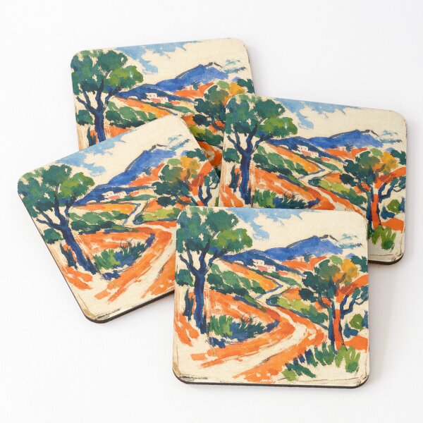 Item preview, Fauvist Mediterranean Landscape Watercolor Orange Earth and Blue Mountains designed and sold by Owcomm.