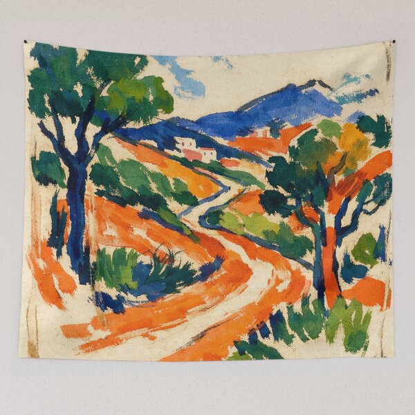 Item preview, Fauvist Mediterranean Landscape Watercolor Orange Earth and Blue Mountains designed and sold by Owcomm.