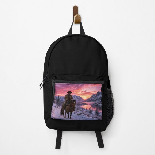 Item preview, Cowboy Riding Through Snowy Mountains – Western Winter Sunset Art designed and sold by  QuarterHorseArt by Just my Studio.