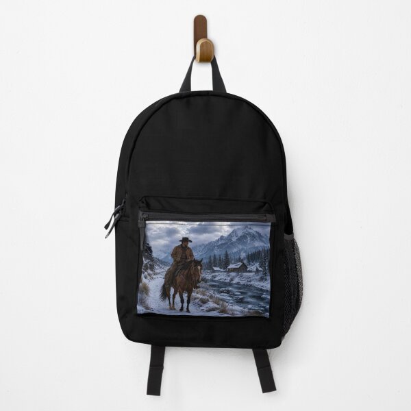 Item preview, Cowboy Riding Through Snowy River Valley – Western Winter Landscape Art designed and sold by  QuarterHorseArt by Just my Studio.
