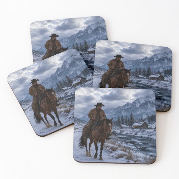 Item preview, Cowboy Riding Through Snowy River Valley – Western Winter Landscape Art designed and sold by  QuarterHorseArt by Just my Studio.