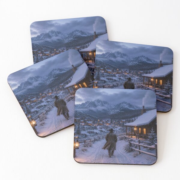 Item preview, Cowboy Walking Through Snowy Western Village – Cozy Winter Cabin Landscape Art designed and sold by  QuarterHorseArt by Just my Studio.