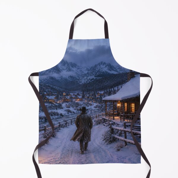 Item preview, Cowboy Walking Through Snowy Western Village – Cozy Winter Cabin Landscape Art designed and sold by QuarterHorseArt by Just my Studio.