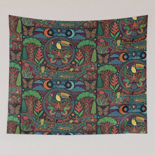 Item preview, Spirit Journey Toucan Mola Art | Traditional Indigenous Shaman Mask | Vibrant Tribal Folk Tapestry designed and sold by SergioMiklos.
