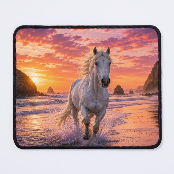 Item preview, White Horse Running on the Beach at Sunset – Coastal Fantasy Horse Art designed and sold by QuarterHorseArt by Just my Studio.