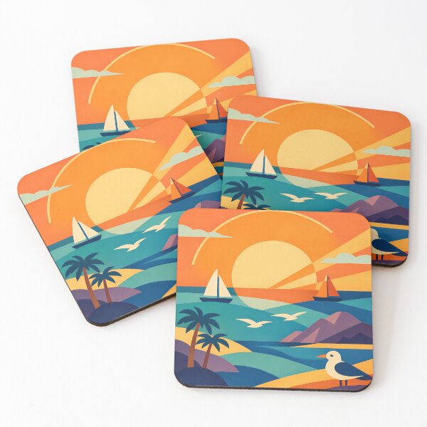 Item preview, Geometric Coastal Sunset with Yachts and Palms designed and sold by InkSmithery.