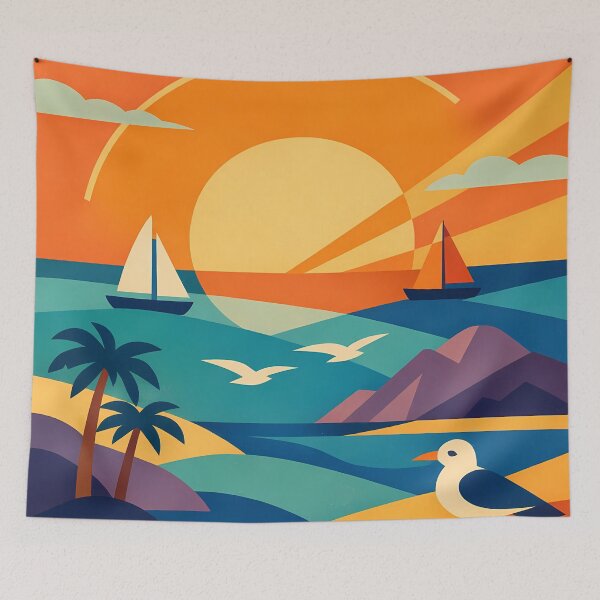 Item preview, Geometric Coastal Sunset with Yachts and Palms designed and sold by InkSmithery.