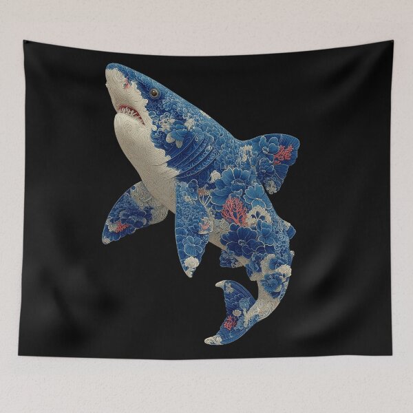 Item preview, Blue Willow Floral Great White Shark - Maximalist Papercut Art designed and sold by Skyburial.