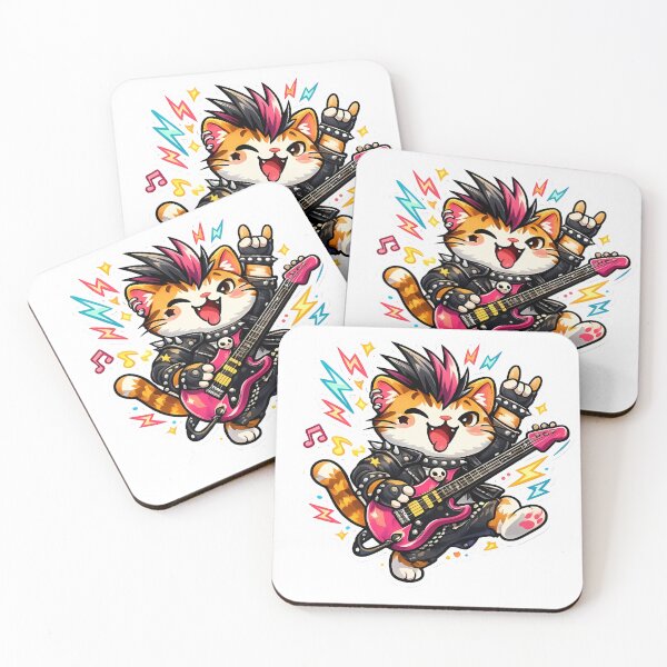 Item preview, Punk Rock Cat Playing Electric Guitar Cute Neon Cartoon designed and sold by ArtistryPulse90.