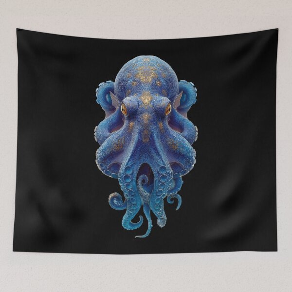 Item preview, Ornate Royal Blue Octopus - Gold Filigree Marine Art designed and sold by Skyburial.