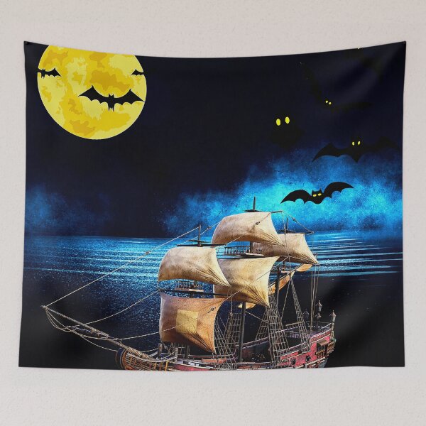Item preview, mysterious pirate ghost ship under halloween moon designed and sold by FahdSpaceArt.