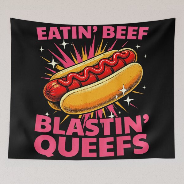 Item preview, Funny Eatin Beef Blastin Queefs Retro Hot Dog Graphic T Shirt designed and sold by MariCanal.
