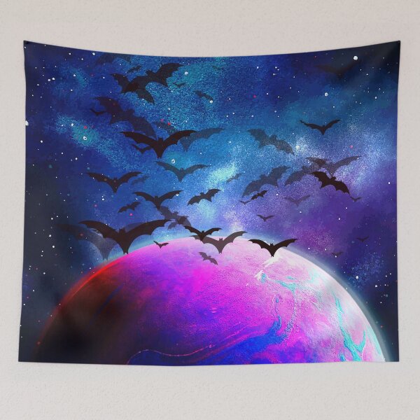Item preview, surreal cosmic planet with flying bats galaxy designed and sold by FahdSpaceArt.