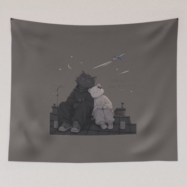 Item preview, Same Sky Same Overthinking Rooftop Cats Illustration designed and sold by alvinavery.