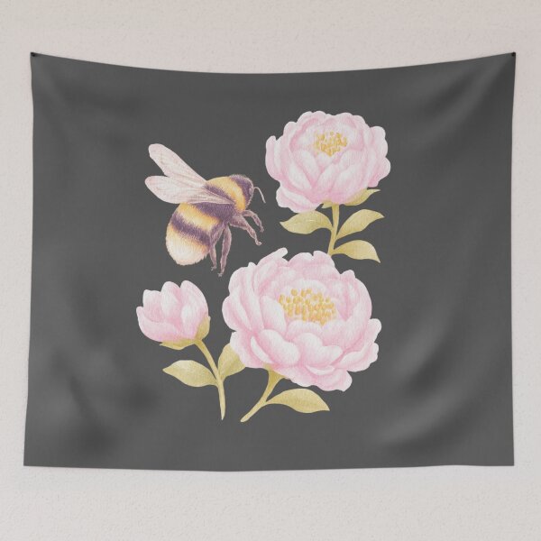 Item preview, Bee and pink peony flowers botanical illustration  designed and sold by SweetLilith.