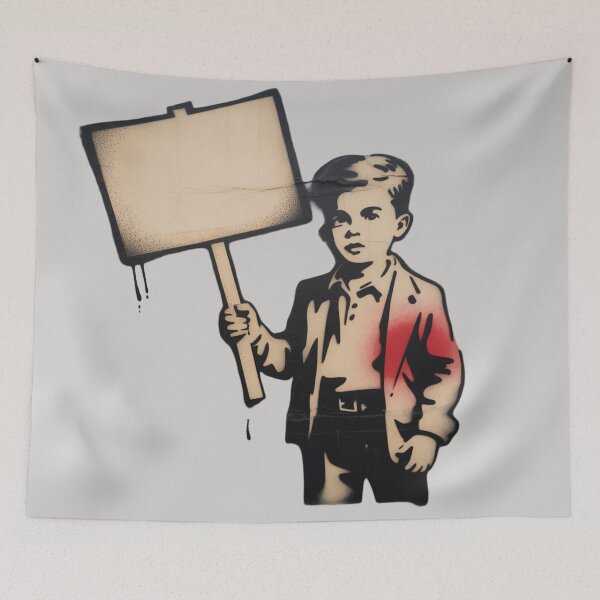 Item preview, Banksy stencil-based street art mural depicting a 1950s boy holding sign designed and sold by 123ks.