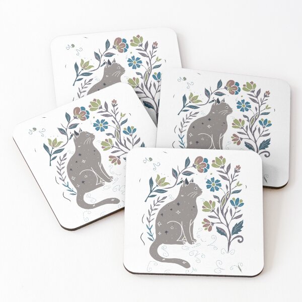 Item preview, Celestial Folk Art Cat with Wildflowers designed and sold by LeshanArt.