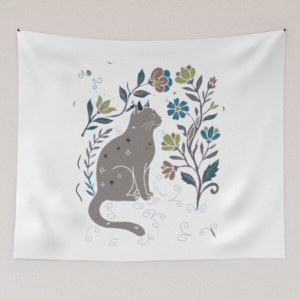Item preview, Celestial Folk Art Cat with Wildflowers  designed and sold by LeshanArt.