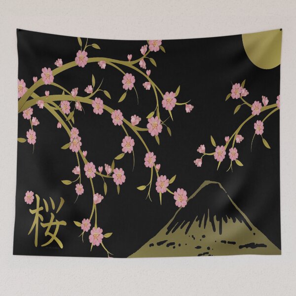 Item preview, Sakura - Cherry Blossom on Black with Gold Sun and Mt Fuji designed and sold by Lee Hiller Designs.