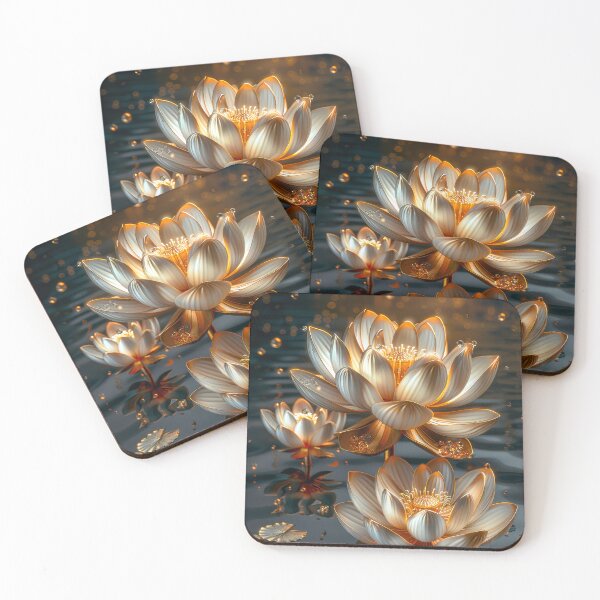 Item preview, White Lotus Flower on Dark Background | Elegant Gold Silver Floral Art designed and sold by MargaretWiktor.