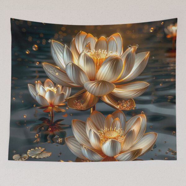 Item preview, White Lotus Flower on Dark Background | Elegant Gold Silver Floral Art designed and sold by MargaretWiktor.
