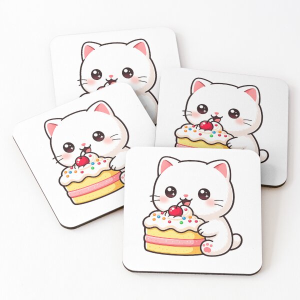 Item preview, Kawaii Little white kitty cat eating cake with cutest smile designed and sold by SrumbleArt.