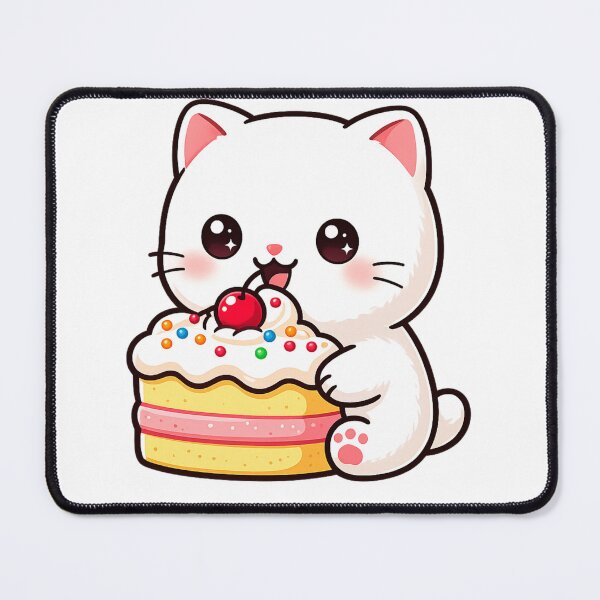 Item preview, Kawaii Little white kitty cat eating cake with cutest smile designed and sold by SrumbleArt.