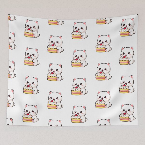 Item preview, Kawaii Little white kitty cat eating cake with cutest smile designed and sold by SrumbleArt.