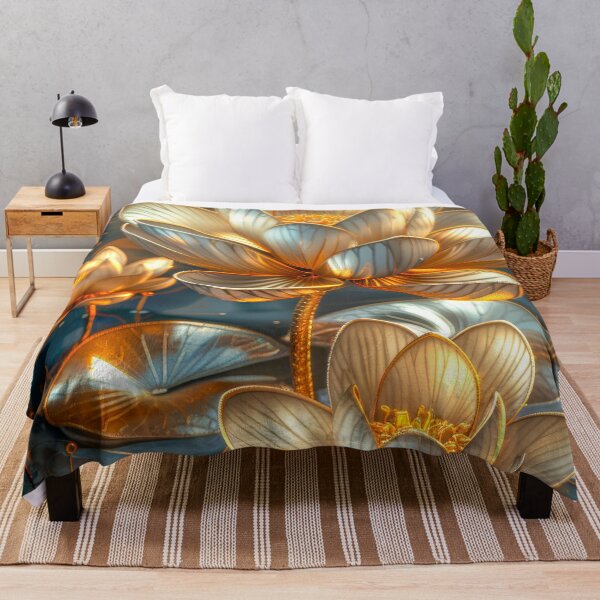 Item preview, Golden Lotus Flower on Dark Background | Elegant Gold Silver Floral Art designed and sold by MargaretWiktor.