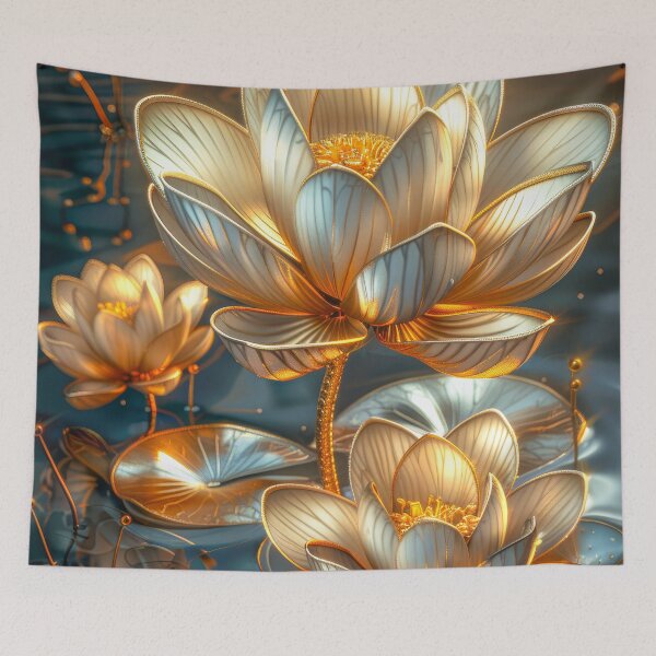 Item preview, Golden Lotus Flower on Dark Background | Elegant Gold Silver Floral Art designed and sold by MargaretWiktor.