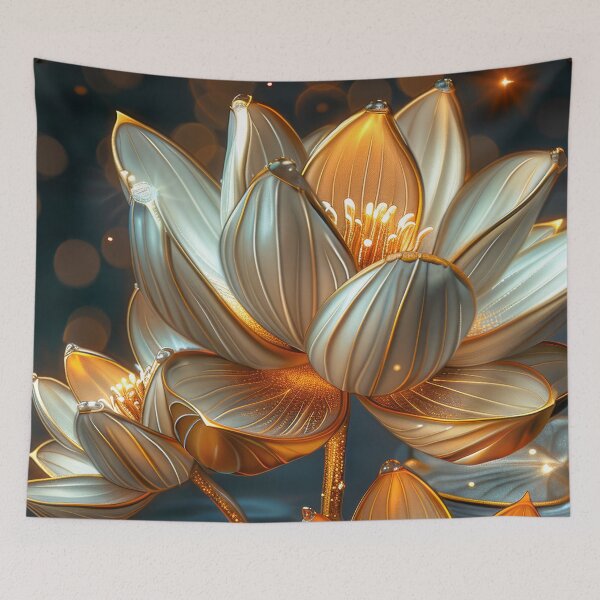 Item preview, Golden Lotus Flower on Dark Background | Elegant Gold Silver Floral Art designed and sold by MargaretWiktor.