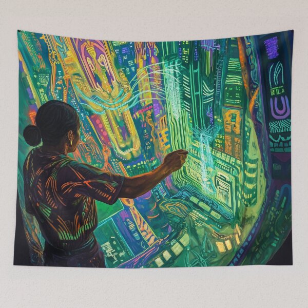 Item preview, Digital Goddess - Cyberpunk Neon Circuit Portrait designed and sold by Caspereickeart.