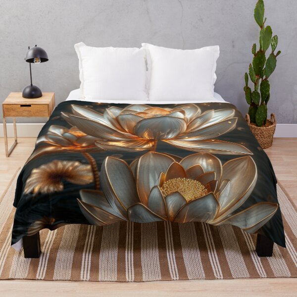 Item preview, Golden Lotus Flower on Dark Background | Elegant Gold Silver Floral Art designed and sold by MargaretWiktor.