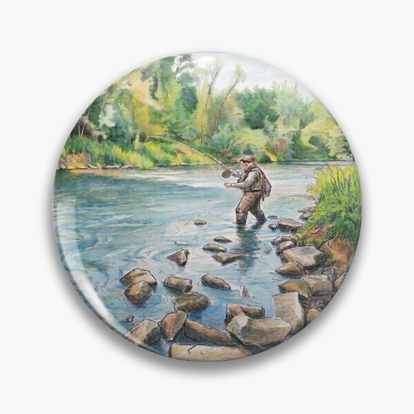 Artikelvorschau, Fliegenfischen im Fluss – Aquarellmalerei eines Anglers entworfen und verkauft von Stefanrajzer.