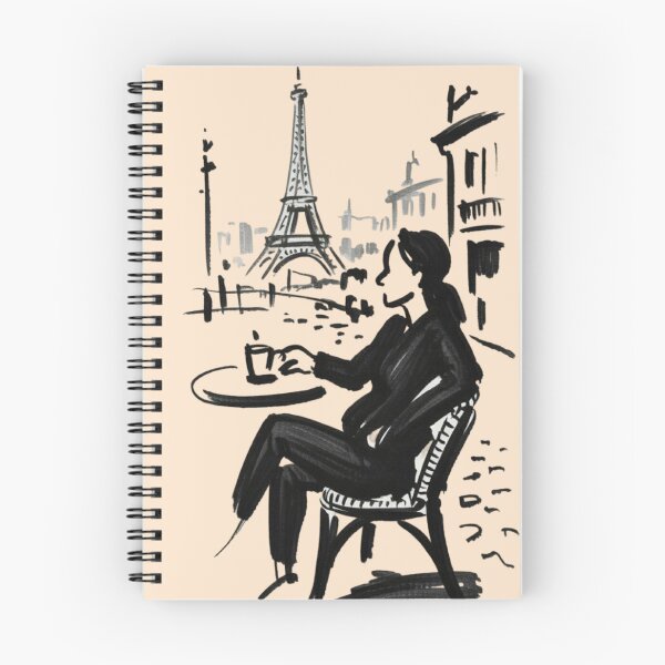 Item preview, Woman seated in bistro chair, coffee cup in hand, Paris street with Eiffel Tower in background designed and sold by 123ks.