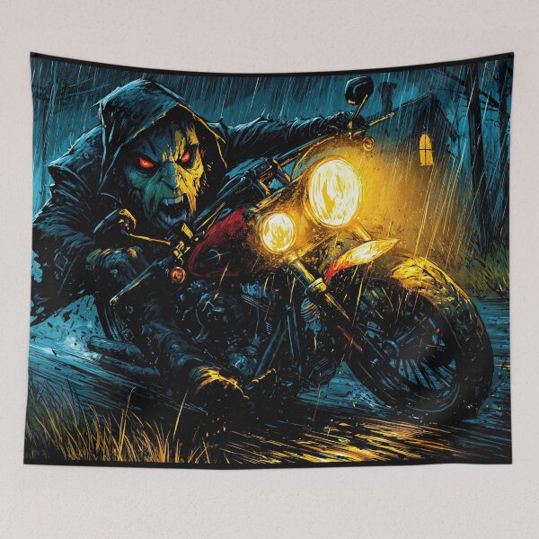 Item preview, Hooded Biker on Blue Motorcycle in Night Forest designed and sold by Piotrek0001.