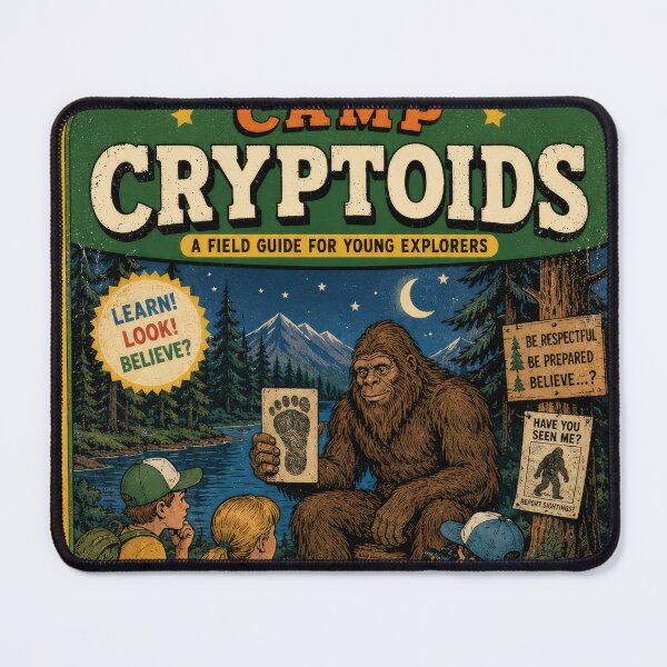 Item preview, Camp Cryptoids – A Field Guide for Young Explorers | Bigfoot Camping Adventure Art Print designed and sold by 4TinyPaws.