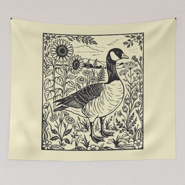 Item preview, Floral Goose Sunflower Linocut Style Vintage Birdwatcher  designed and sold by Y-Vibes.