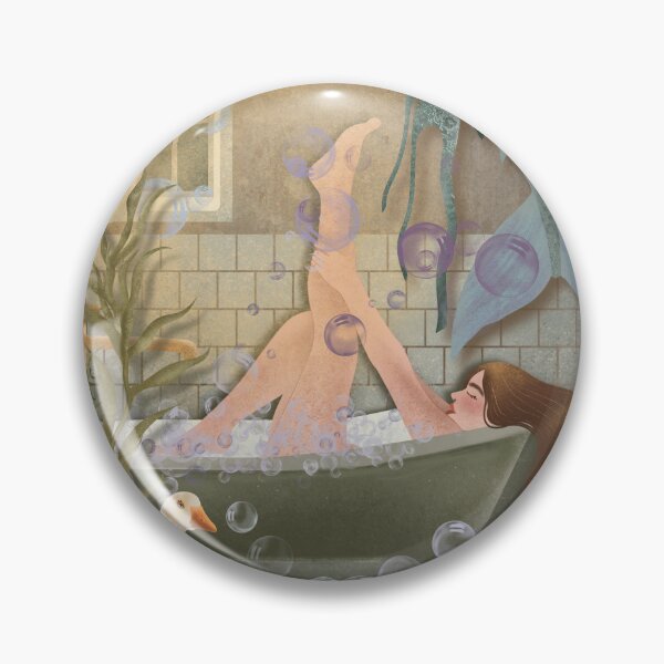 Item preview, A woman takes a bath and dries her mermaid tail designed and sold by Grin Katalina Floral Patterns & Cozy Art.