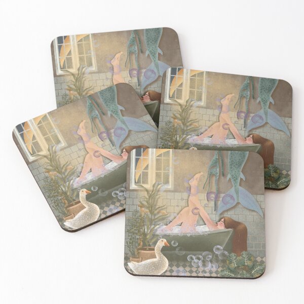Item preview, A woman takes a bath and dries her mermaid tail designed and sold by Grin Katalina Floral Patterns & Cozy Art.