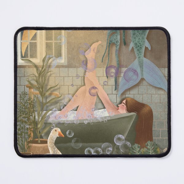 Item preview, A woman takes a bath and dries her mermaid tail designed and sold by Grin Katalina Floral Patterns & Cozy Art.